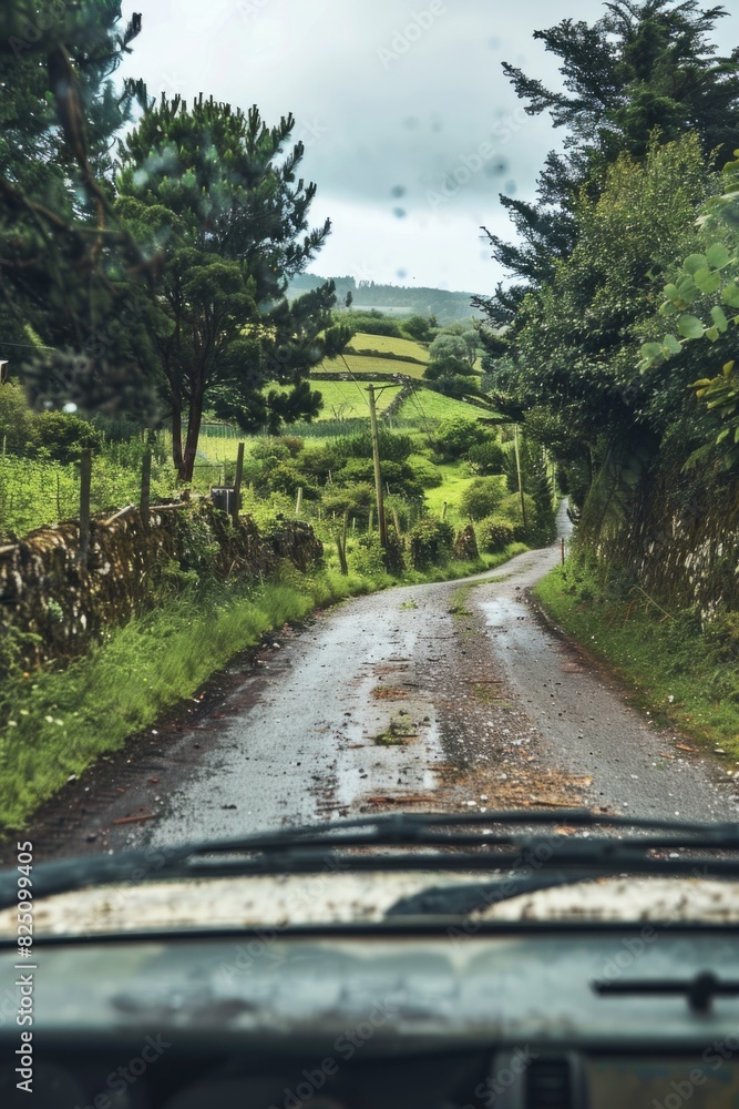 A car is driving down a dirt road with a view of the countryside. The road is wet and muddy, and the car's windshield is covered in rain. The scene is peaceful and serene