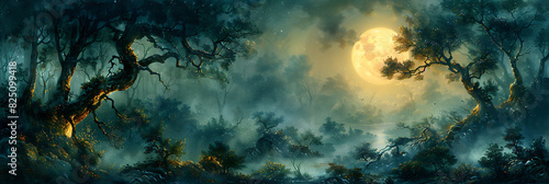 hauntingly beautiful printable mural of a mysterious moonlit forest suited for adorning the walls of a hotel lobby creating a serene and enchanting atmosphere for guests photo