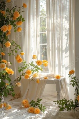 yellow flower roses white wedding minimalistic dreamy room with table and window  ai