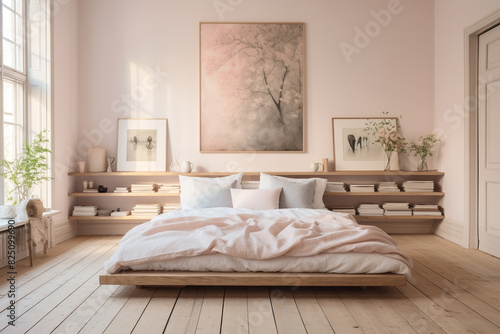 A serene bedroom adorned with a Scandinavian-style platform bed  crisp white linens  and soft blush-colored walls  radiating a serene and inviting feel.