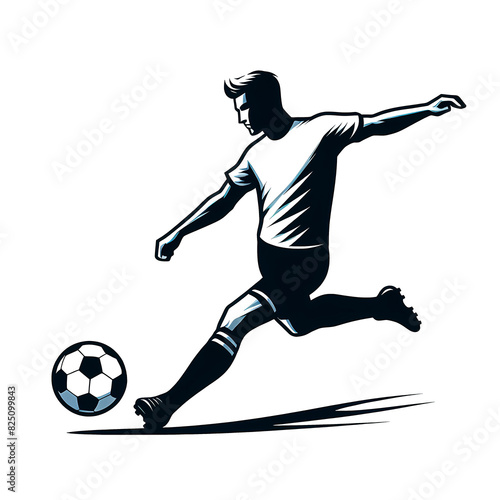 Black and white Vector illustration of a male soccer player kicking a soccer ball on a white background, minimalist style.