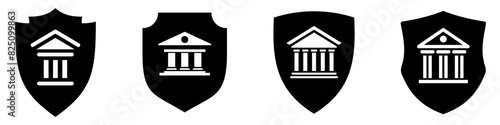 Shield icon with bank building symbol. Vector illustration. Security shield protection. Money security concept.