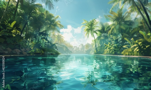 A beautiful tropical scene with a river and palm trees