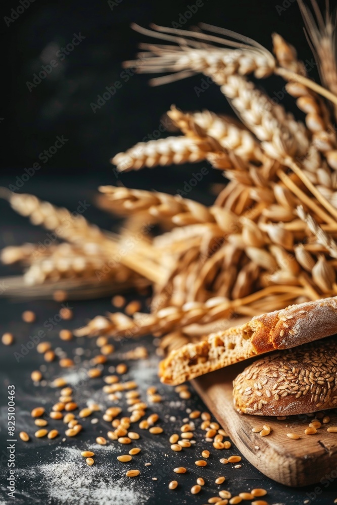 A close up of a loaf of bread and a pile of wheat. The bread is cut in half and the wheat is scattered around it. Scene is warm and inviting, as it showcases a simple and natural food item A close up of a loaf of bread and a pile of wheat. The bread is cut in half and the wheat is scattered around it. Scene is warm and inviting, as it showcases a simple and natural food item