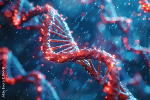 Ilustración en 3D de una doble hélice de ADN roja y la estructura celular humana en primer plano photo