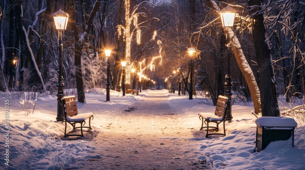 Snow-Covered Park Pathway with Decorative Lights and Benches at Dusk Snow-Covered Park Pathway with Decorative Lights and Benches at Dusk