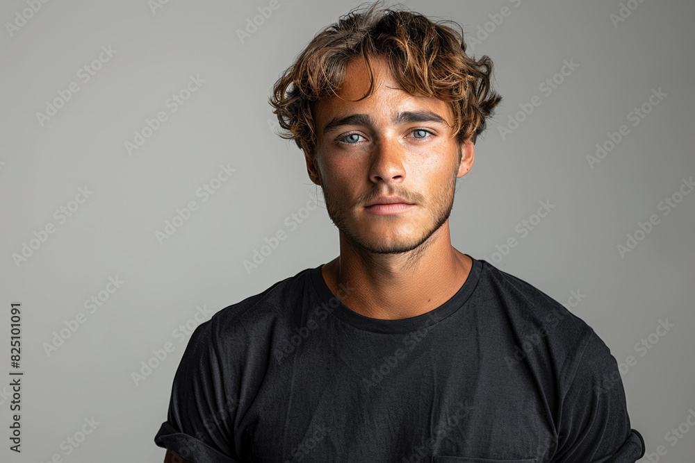 In a stylish portrait, a confident young man with a serious expression poses against a grey background, exuding modernity and youthfulness. In a stylish portrait, a confident young man with a serious expression poses against a grey background, exuding modernity and youthfulness.