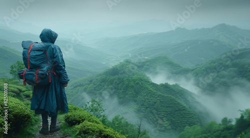 A person is standing on a mountain top with a backpack on