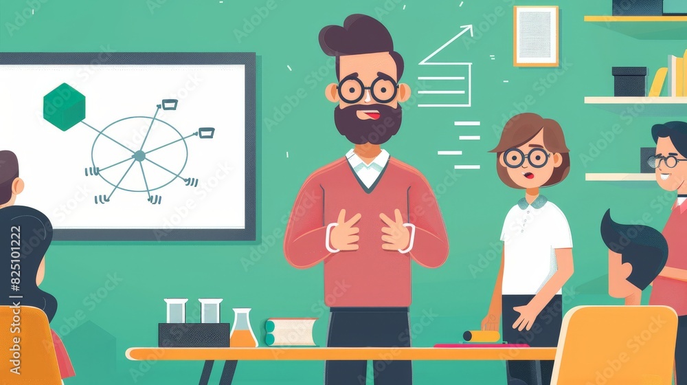 A 2D flat style illustration of a teacher character explaining a ...