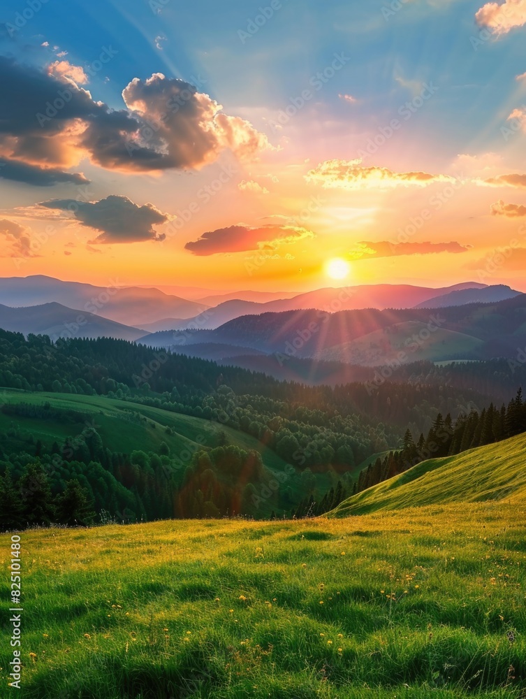 A beautiful mountain landscape with a bright orange sun in the sky. The sun is shining on the grass and trees, creating a warm and peaceful atmosphere