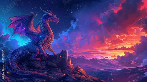 A dragon is perched on a mountain top, surrounded by a beautiful, colorful sky