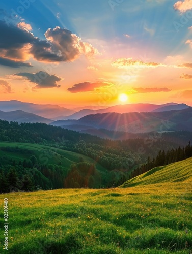 A beautiful mountain landscape with a bright orange sun in the sky. The sun is shining on the grass and trees, creating a warm and peaceful atmosphere