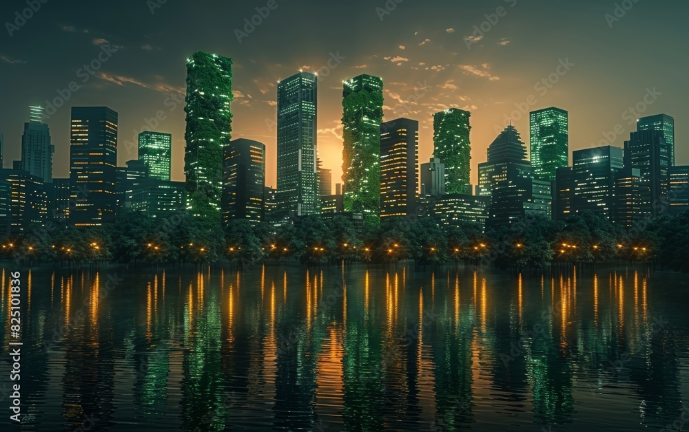 Fototapeta premium A city skyline with a large body of water in the background