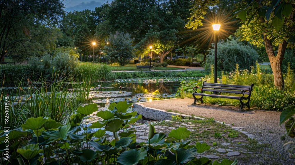 Obraz premium Tranquil Evening in Park with Bench and Lush Greenery