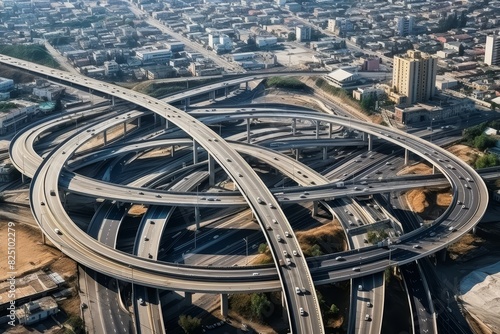 Aerial view of multilevel highway junction ring road with busy traffic on interchange