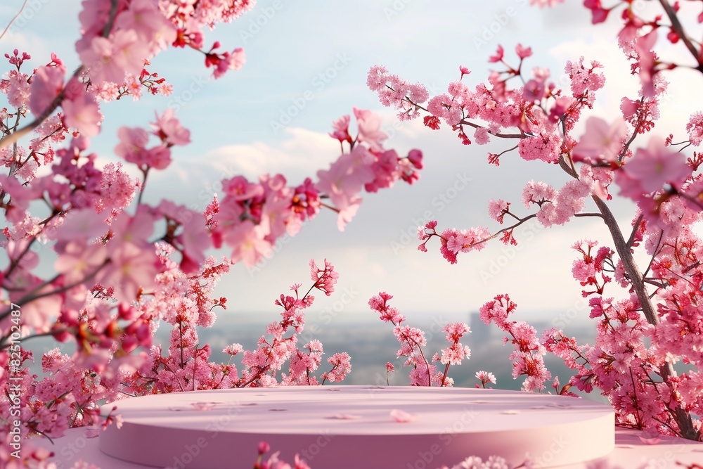 Natural beauty podium backdrop with spring sakura cherry blossom landscape scene. 3d ing. Natural beauty podium backdrop with spring sakura cherry blossom landscape scene. 3d ing.