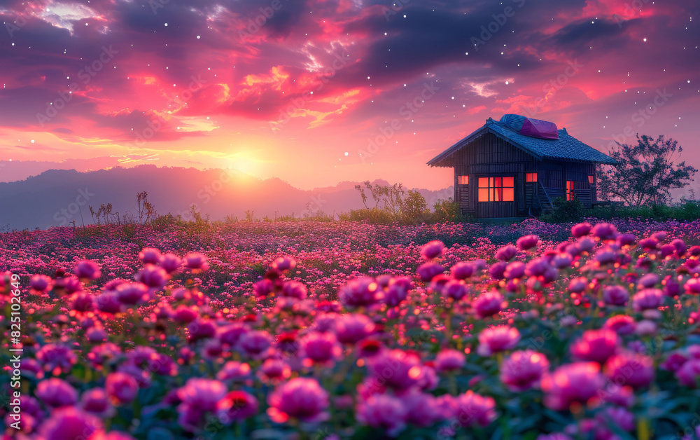 A small house is surrounded by a field of pink flowers