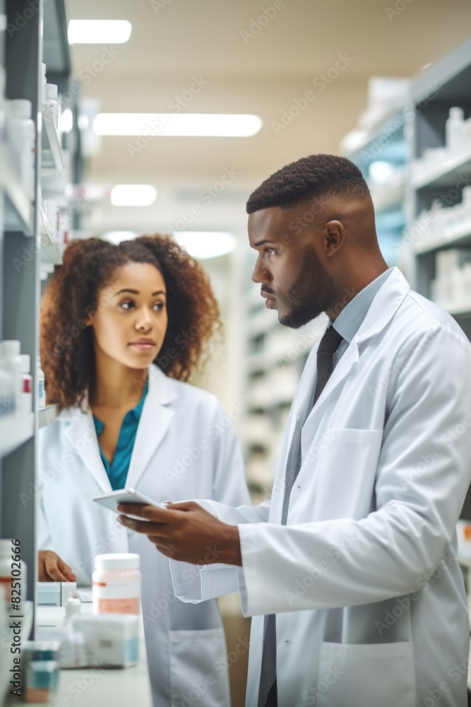 Two doctors are standing in a pharmacy, one of them holding a tablet. They are discussing a patient's medication Two doctors are standing in a pharmacy, one of them holding a tablet. They are discussing a patient's medication
