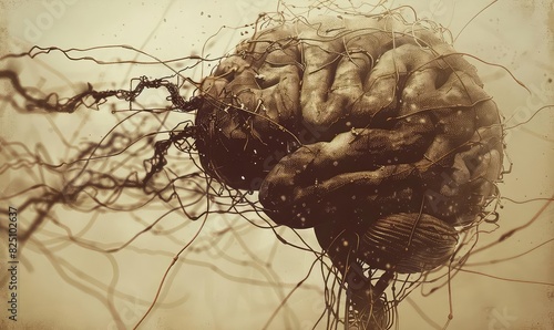 Neurological disorder depicted as tangled wires within a brain, Steampunk Style, Sepia Tone, Illustration, Representing malfunctioning neural connections photo