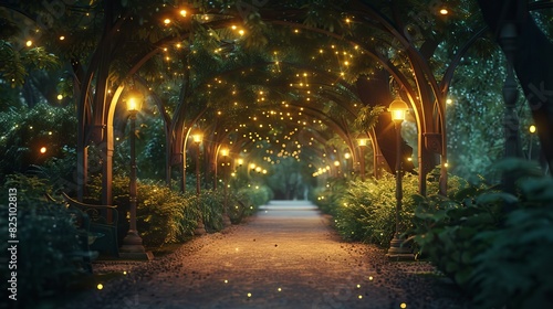 Magical Forest Pathway Illuminated by Twinkling Fairy Lights at Night