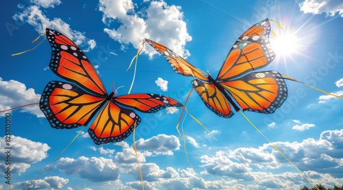 Two orange butterflies flying in the sky photo