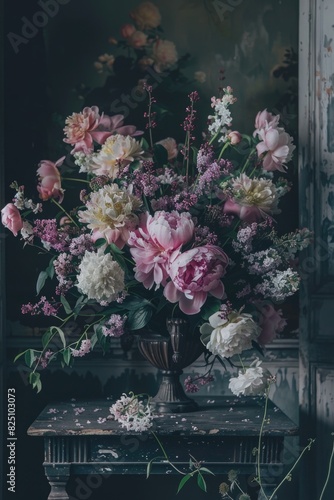 elegant pink and white peony lilac flower bouquet, ai