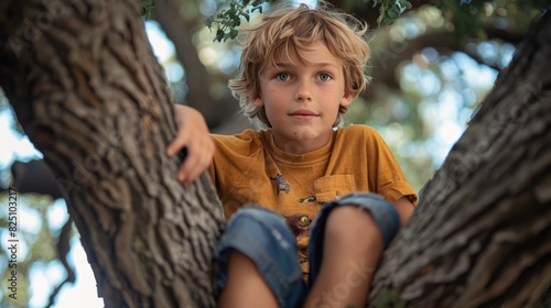 Un niño de 10 años sentado en un árbol, conexión infantil con la naturaleza
