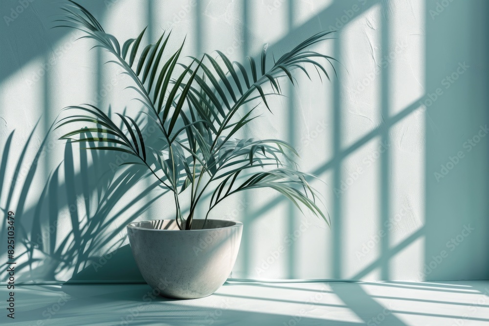 A potted plant sits in a white bowl on a table. The plant is a palm tree and is casting a shadow on the table. The scene is calm and peaceful A potted plant sits in a white bowl on a table. The plant is a palm tree and is casting a shadow on the table. The scene is calm and peaceful