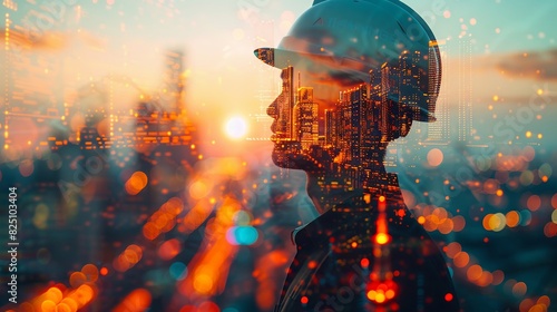 Double exposure of engineer and construction site with futuristic holograms 3D rendering photo