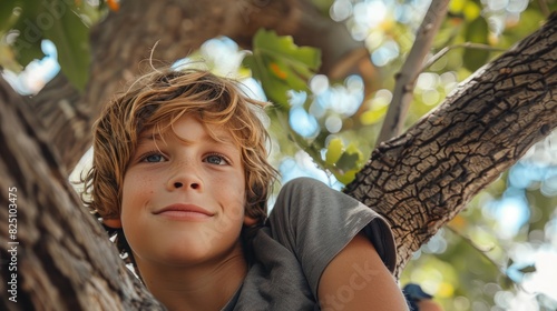 Un niño de 10 años sentado en un árbol, conexión infantil con la naturaleza