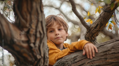 Un niño de 10 años sentado en un árbol, conexión infantil con la naturaleza