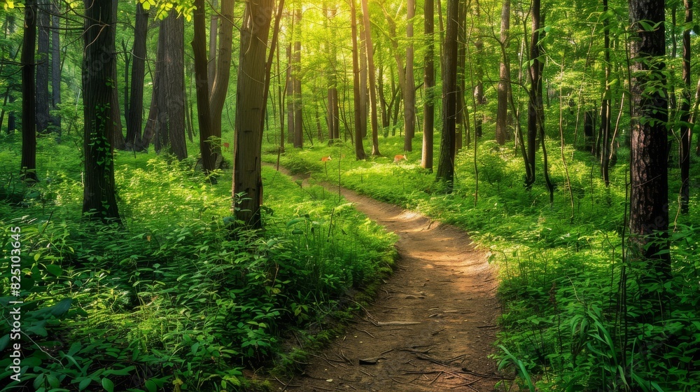 Fototapeta premium Sunlit Forest Pathway in Verdant Green Woods