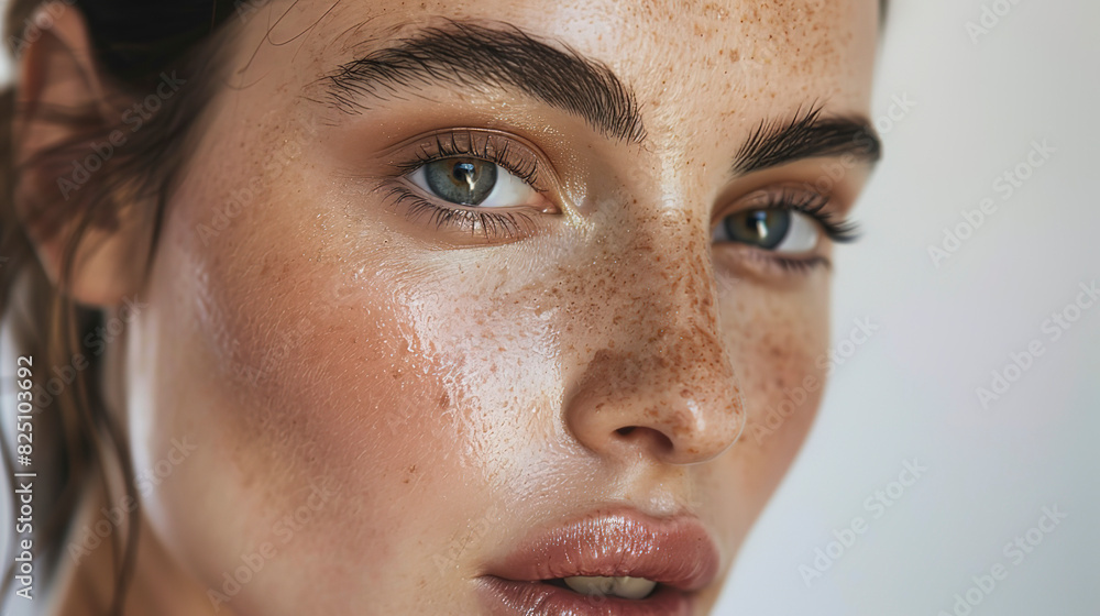Close up portrait of a beautiful woman with freckles on her face Close up portrait of a beautiful woman with freckles on her face