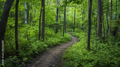 Forest Pathway with Lush Greenery and Sunlit Trees in Summer