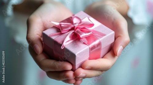 A person is holding a pink box with a pink ribbon. The person is holding the box with both hands, and the image conveys a sense of warmth and affection © vefimov