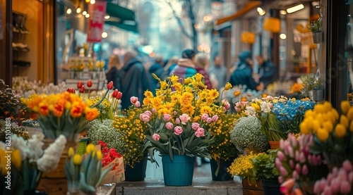 A flower shop with a variety of flowers on display