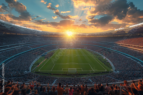Big football stadium with many fans, soccer game arena, football championship concept, created with Generative AI technology