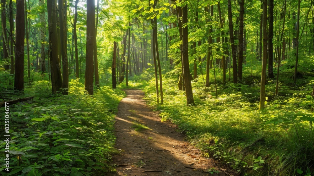 Sunlit Forest Pathway in a Lush Green Woodland Sunlit Forest Pathway in a Lush Green Woodland
