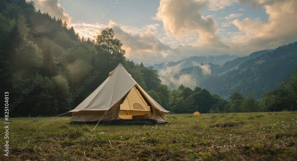 A small, round tent is set up in a grassy field