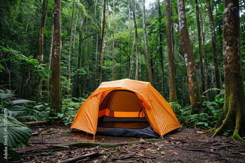 A small orange tent is set up in a forest