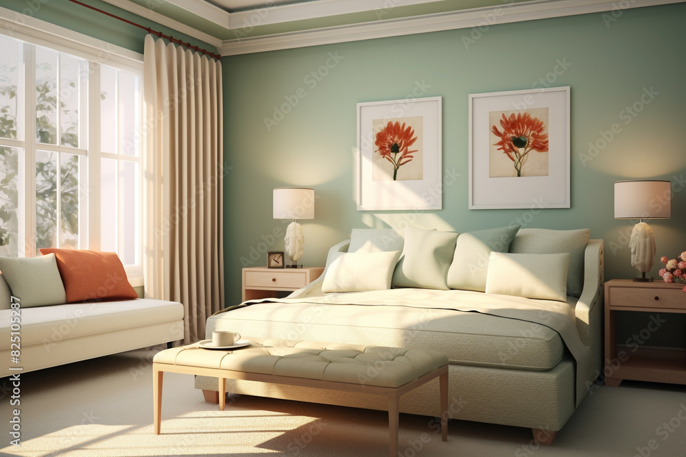 A serene bedroom with a soft mint-green wall, a cozy ivory couch, and accents of terracotta, creating a tranquil ambiance.