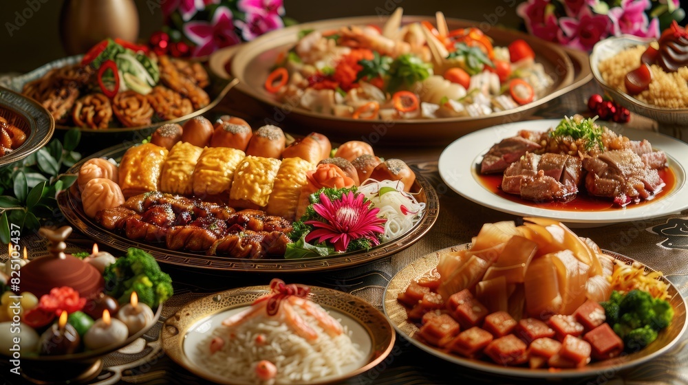 A traditional Chinese banquet with a variety of richly colored dishes, captured under professional lighting to celebrate the cultural delicacies and festive atmosphere A traditional Chinese banquet with a variety of richly colored dishes, captured under professional lighting to celebrate the cultural delicacies and festive atmosphere