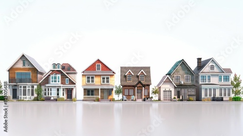 Row of colorful houses with space for text in the middle on a white background