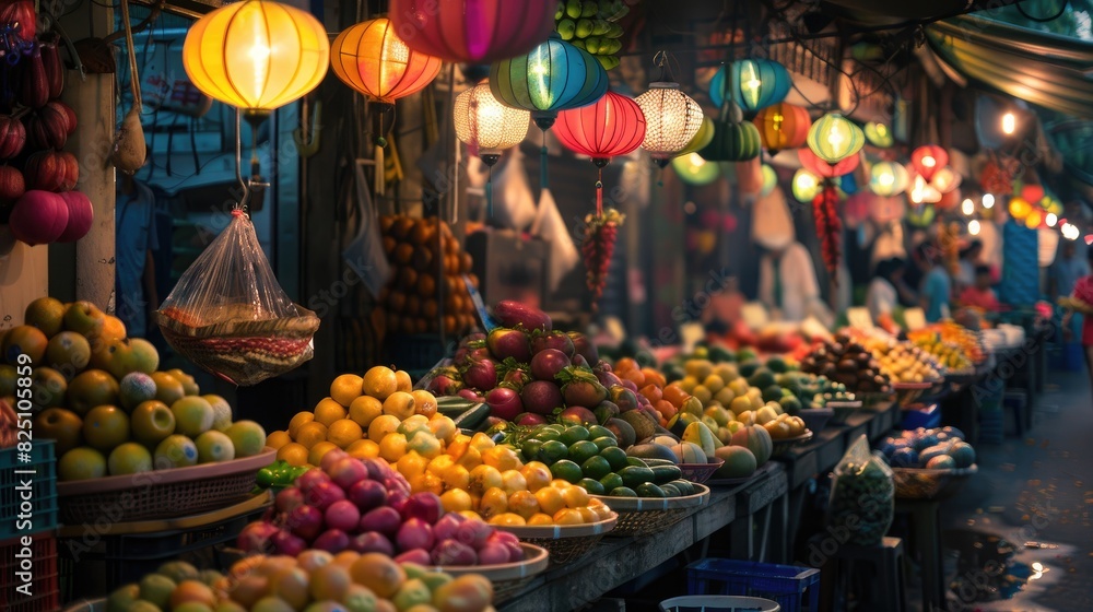 A colorful market scene featuring an array of fresh, exotic fruits and vegetables from around the world, beautifully lit to celebrate the diversity of global food