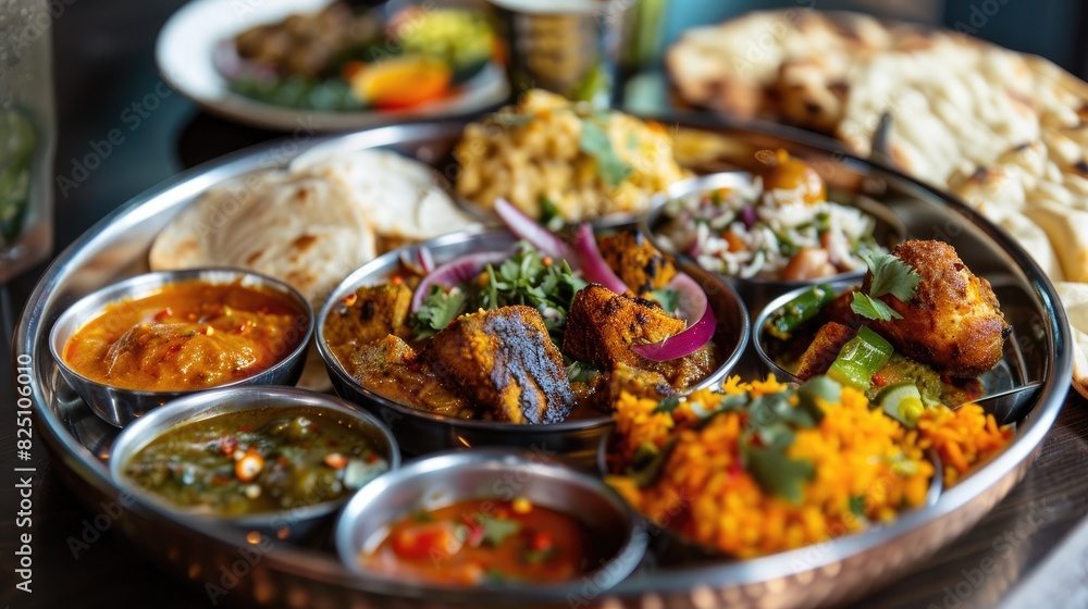 A detailed close-up of an Indian thali plate filled with various richly colored curries, breads, and sides, professionally lit to capture the essence of cultural delicacies A detailed close-up of an Indian thali plate filled with various richly colored curries, breads, and sides, professionally lit to capture the essence of cultural delicacies
