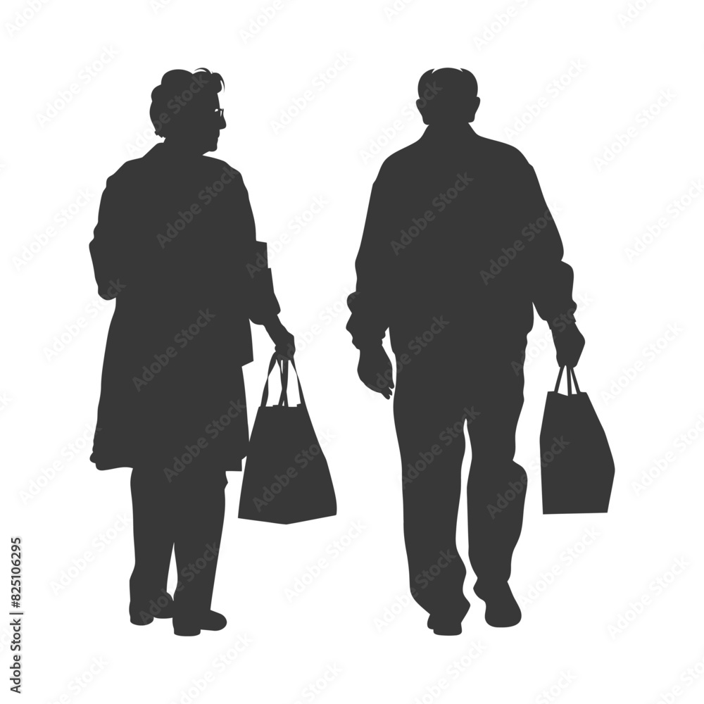 Silhouette elderly man and elderly women with Shopping basket full body black color only