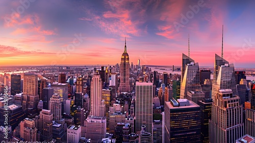 New York City Skyline Glowing at Sunset: Empire State Building and One World Trade Center