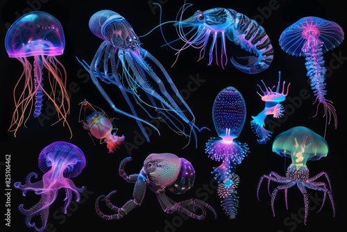 Deep sea fluorescent glowing creatures set isolated on black background