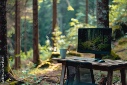 Desktop PC on the table with a chair near it in the forest, workplace in a beautiful nature #825106635