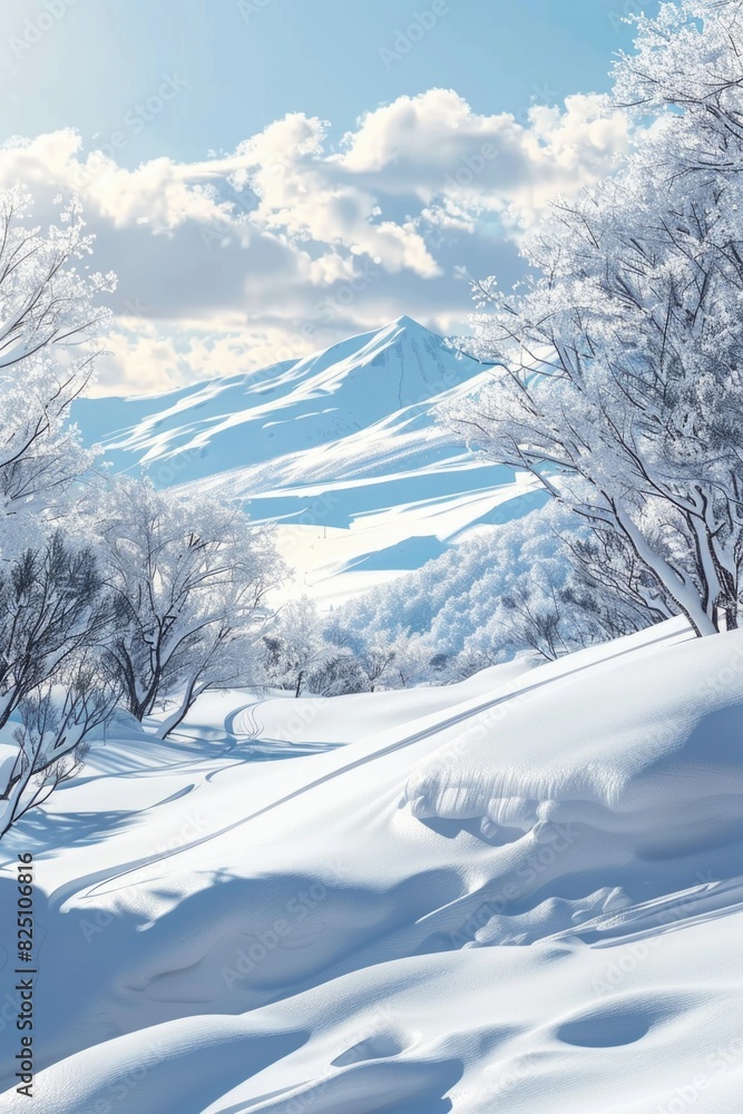 A snowy mountain range with trees covered in snow. The sky is cloudy and the sun is shining through the clouds A snowy mountain range with trees covered in snow. The sky is cloudy and the sun is shining through the clouds